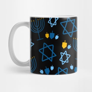 Hanukkah Stars, Menorahs, and Dreidels Doodle Pattern on a Black Background, made by EndlessEmporium Mug